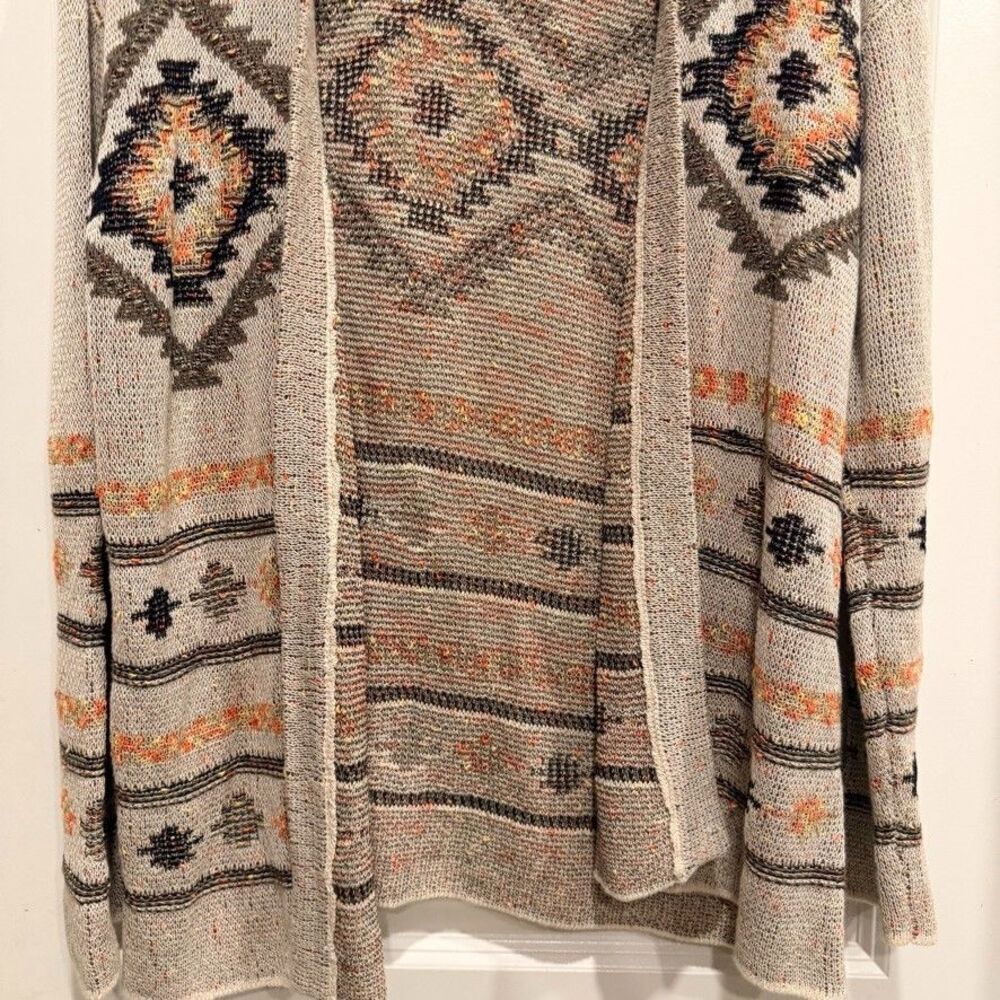 J Jill Womens Large Open Front Cardigan Aztec Western Boho Intarsia Knit Oatmeal - Picture 3 of 10
